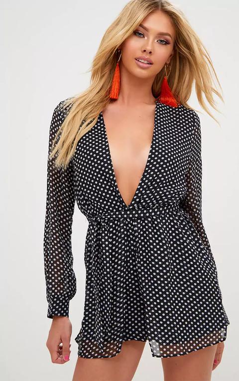 Black Polka Dot Plunge Overlay Playsuit, Black