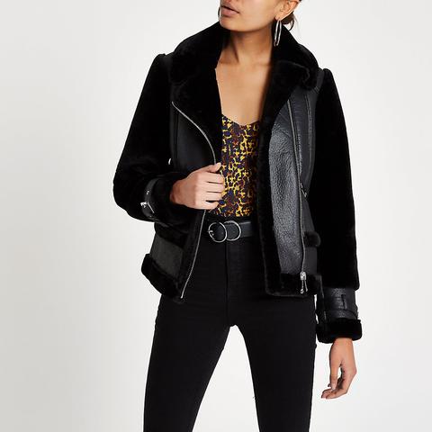 Black Faux Fur Aviator Jacket