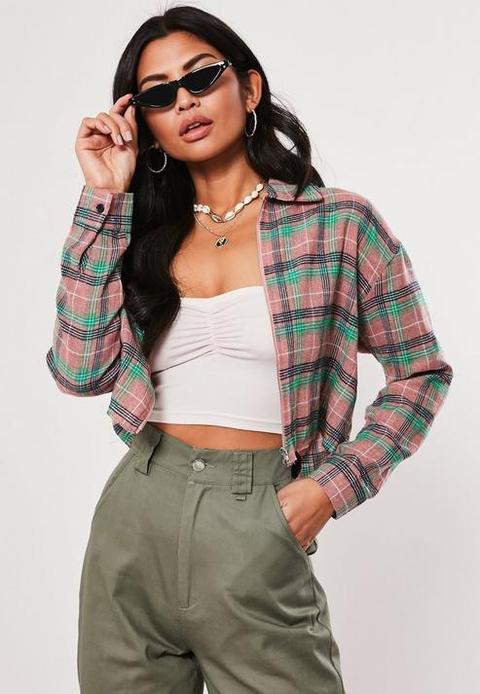 Pink Zip Front Cropped Check Shirt, Pink