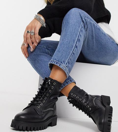 Asra Exclusive Billie Lace Up Flat Boots With Stitch Detail In Black Leather