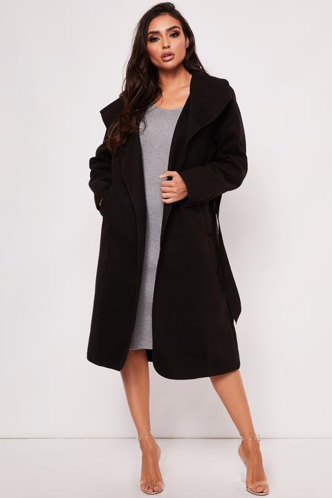 Priah Black Longline Waterfall Coat