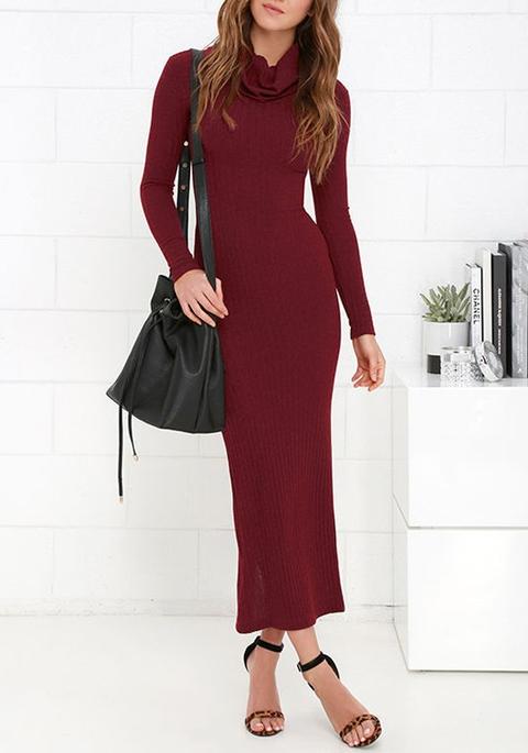 Wine Red Plain Irregular Round Neck Fashion Maxi Dress