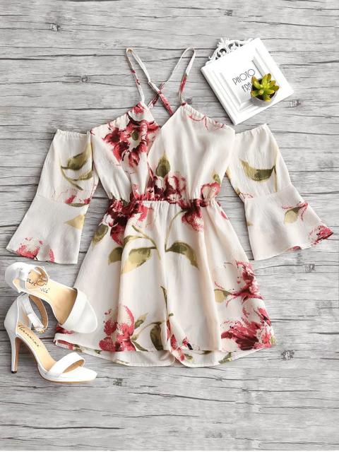Camisa De Manga Larga Con Estampado Floral Cami Romper Floral