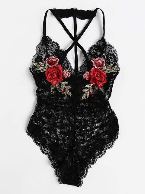 Flower Embroidery Cross Back Lace Teddy