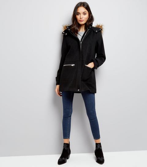 black faux fur trim duffle coat