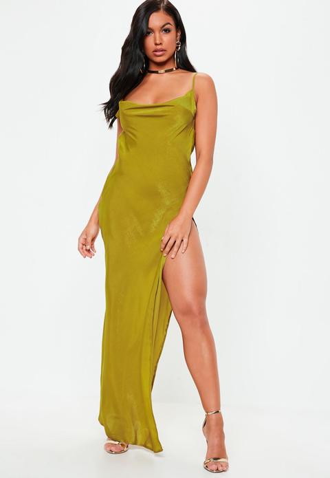 Khaki Satin Cowl Maxi Dress, Khaki