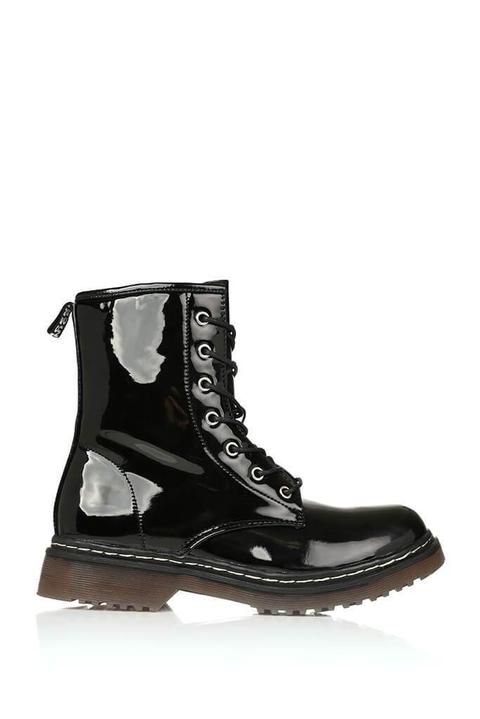 black patient patent military lace up boots with chunky sole