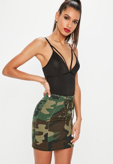 Green Camouflage Lace-Up Crop Top