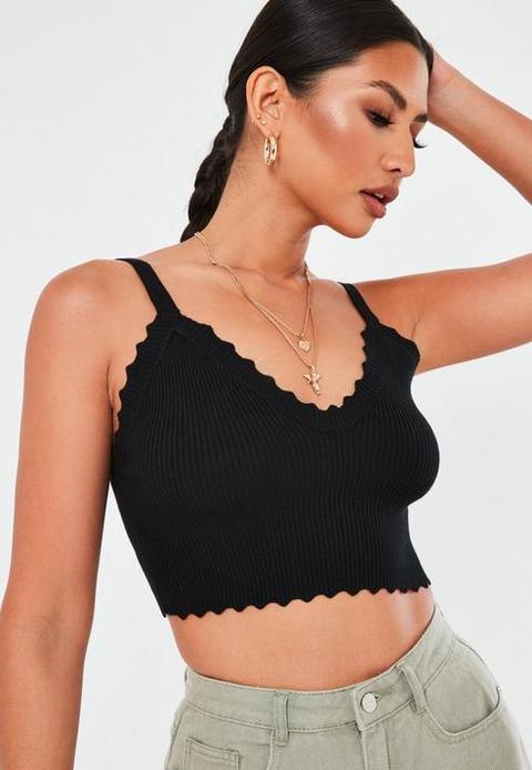 Black Rib Knit Scallop Trim Crop Bralet, Black