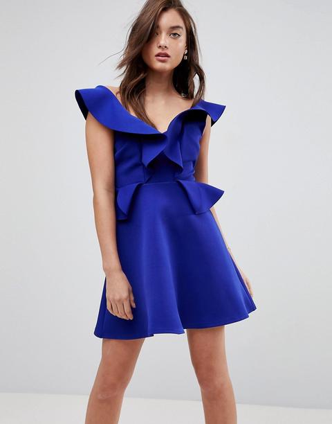 River Island - Vestitino Svasato Con Volant - Blu