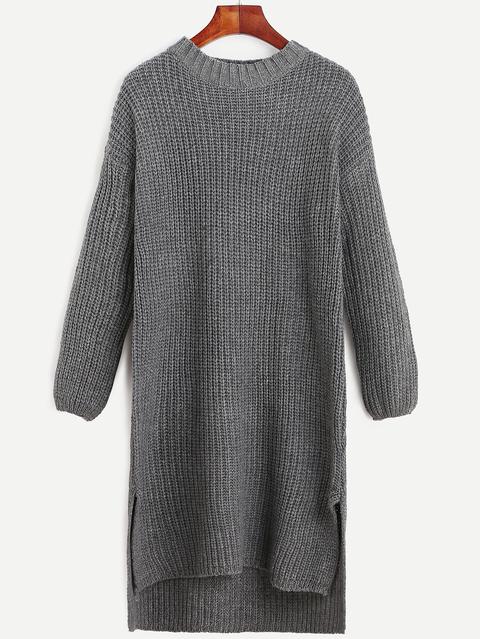 Grey Slit Side Dip Hem Sweater Dress