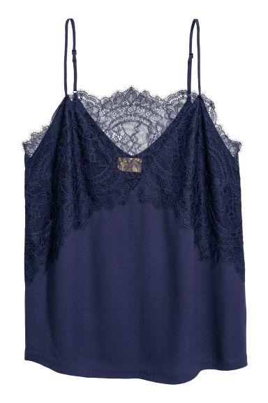 H & M - Top De Satén Con Encaje - Azul