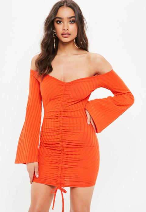 Orange Ruched Front Bardot Dress, Orange