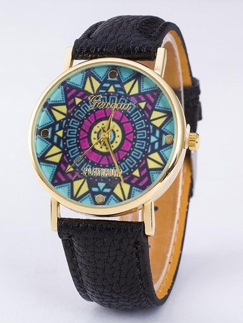 Geneva Puzzle Print Platinum Quartz Watch