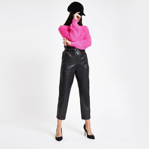 Black Faux Leather Paperbag Waist Trousers