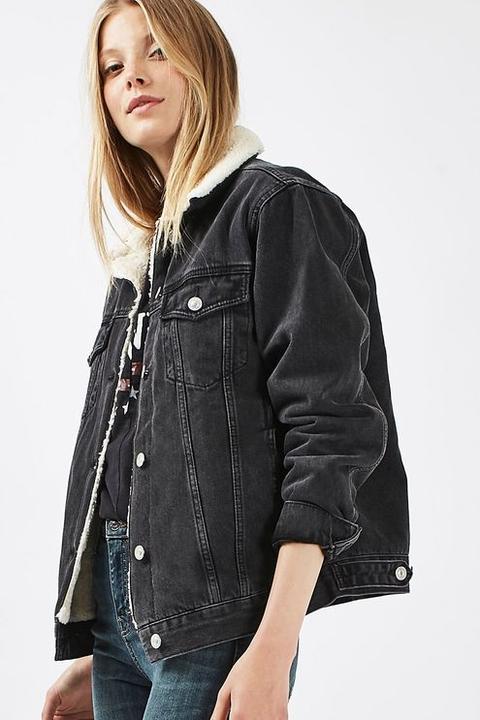 Womens Moto Denim Western Oversized Jacket - Washed Black, Washed Black