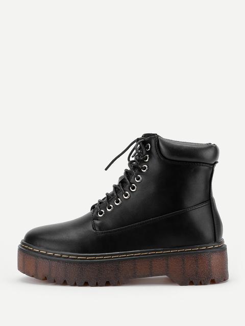 Lace Up Round Toe Flatform Ankle Boots