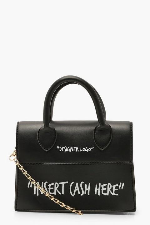 Womens Insert Cash Here Slogan Structured Cross Body Bag - Black - One Size, Black