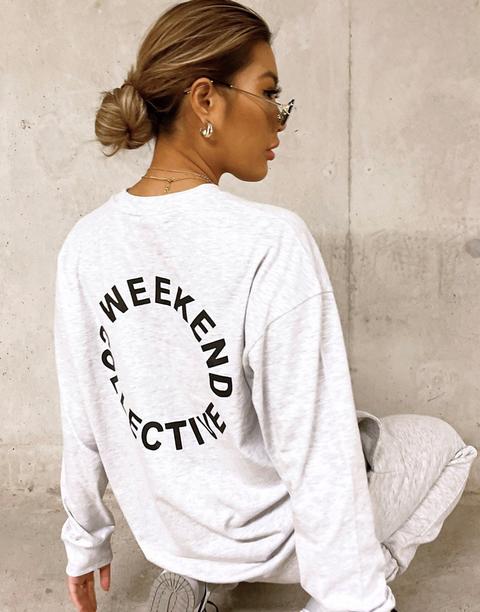 Asos Weekend Collective Oversized Longsleeve T-shirt With Back Logo In Grey Marl