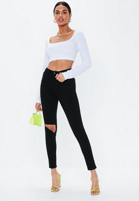 Black High Waisted Fold Down Ripped Skinny Jeans, Black