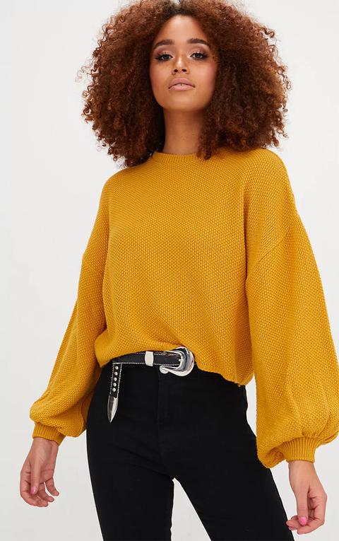 Mustard Balloon Sleeve Knitted Jumper, Yellow