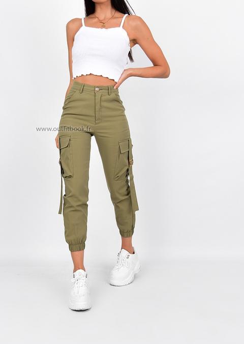 High Waisted Cargo Pants In Khaki Slim Fit from Outfitbook on 21 Buttons