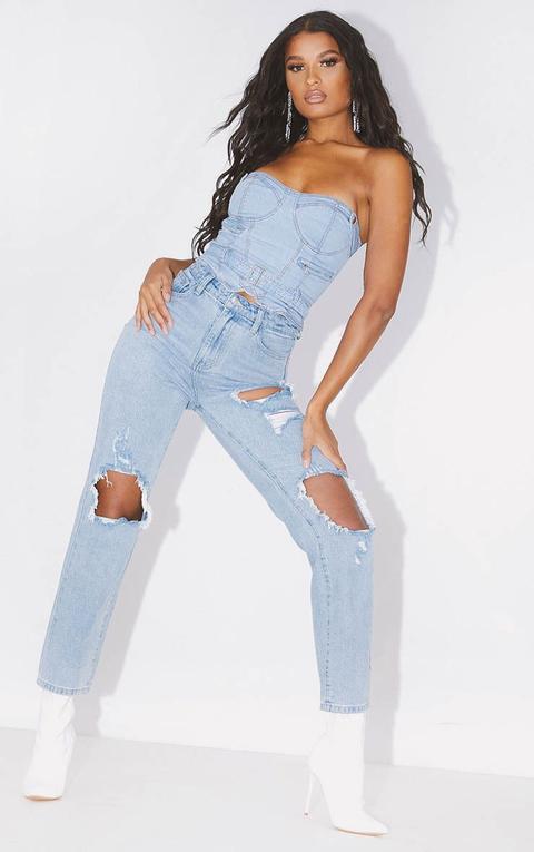 Prettylittlething Bleach Wash Distressed Straight Leg Jeans