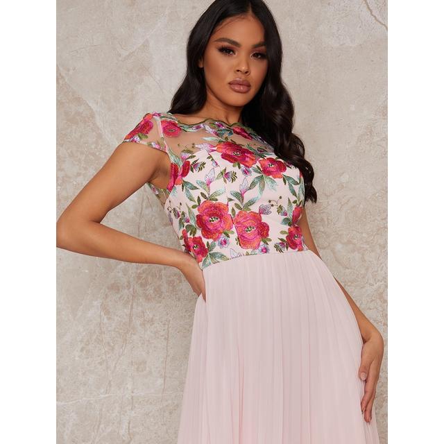 Cap Sleeved Embroidered Bodice Pleat Midi Dress In Pink from Chi