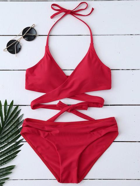 Bikini Avvolgente Tagliato Con Halter Di Zaful Dark Orange Light Sky Blue Yellow Deep Peach Deep Purple Red