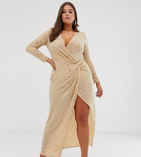 Vestido Largo Y Elástico Con Lentejuelas En Dorado De Flounce London Plus