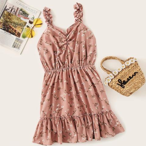 Vestido Bajo Con Volante Floral De Margarita Con Tira Fruncido