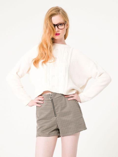 Shorts Quadri A Vita Alta Var Beige Scuro