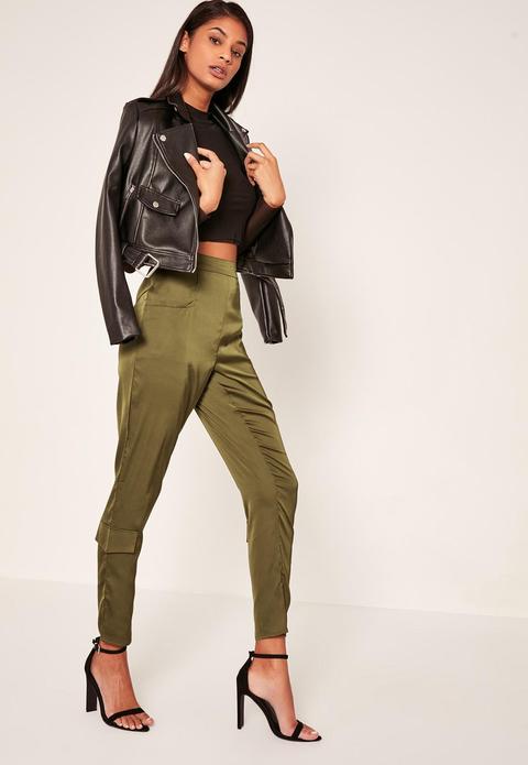 Khaki Side Pocket Satin Cigarette Trousers