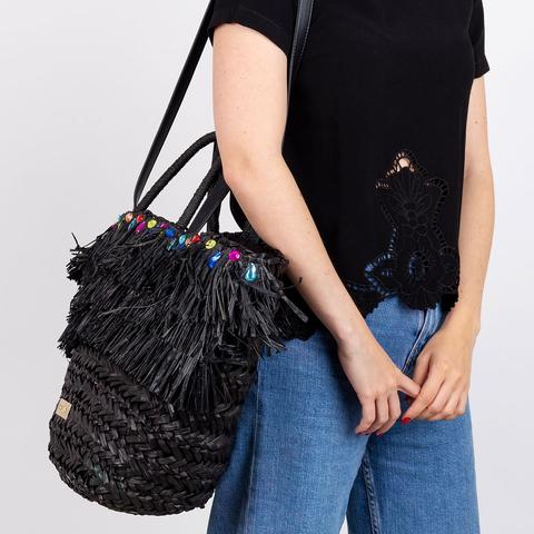 Bolso Estilo Capazo De Fibra Natural En Negro Con Adorno De Flecos Para Mujer 44870