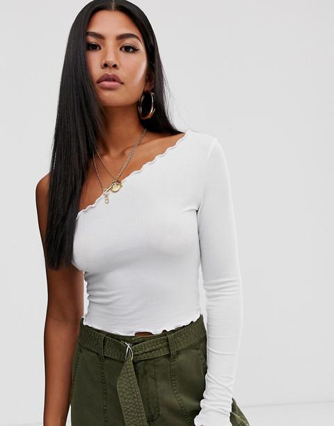 Asos Design - Top Corto Monospalla Bianco Con Manica Lunga E Fondo Ondulato - Bianco