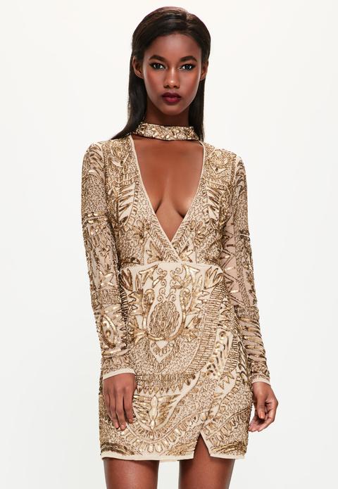 Peace + Love Bronze Choker Neck Embellished Wrap Dress from Missguided on  21 Buttons