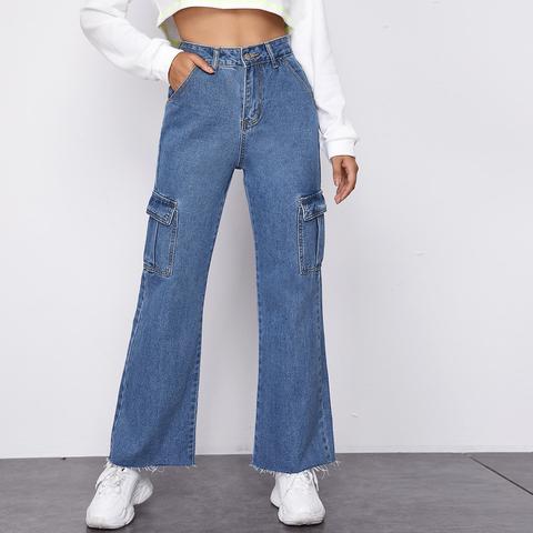 High-rise Raw Hem Cargo Jeans