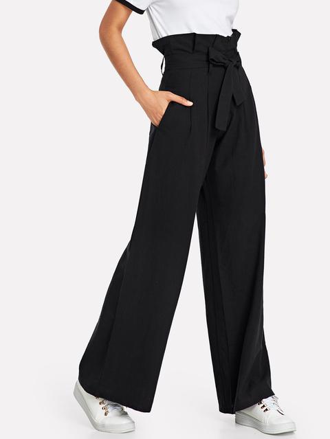 Frill Trim Self Tie Waist Wide Leg Pants