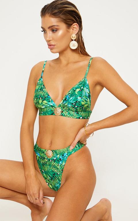 Green Jungle Print Lion Head High Rise Bikini Bottom