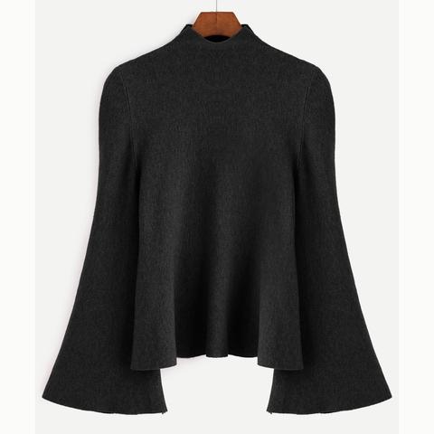 Maglione Jersey Maniche A Campana Scollo Finto - Nero