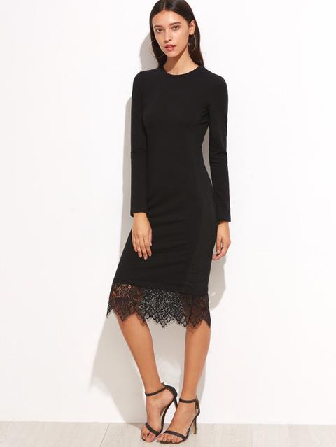 Vestido De Tubo Con Manga Larga Y Ribete De Encaje - Negro