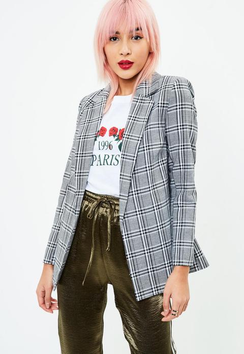 Petite Grey Checked Longline Blazer, Grey