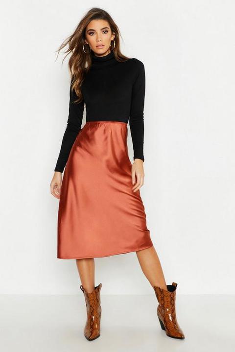 Womens Satin Bias Cut Slip Midi Skirt - Brown - 8, Brown