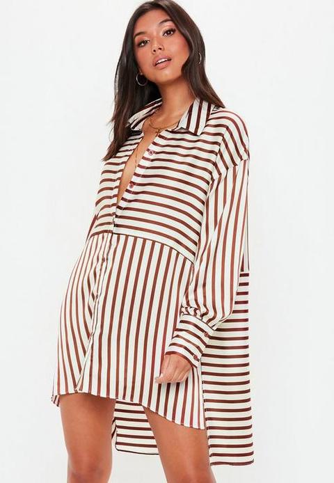 White Striped Oversized Satin Shirt Dress, Brown