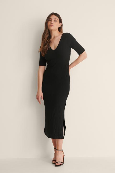 Na-kd Basic Ribbed V-neck Jersey Midi Dress - Black