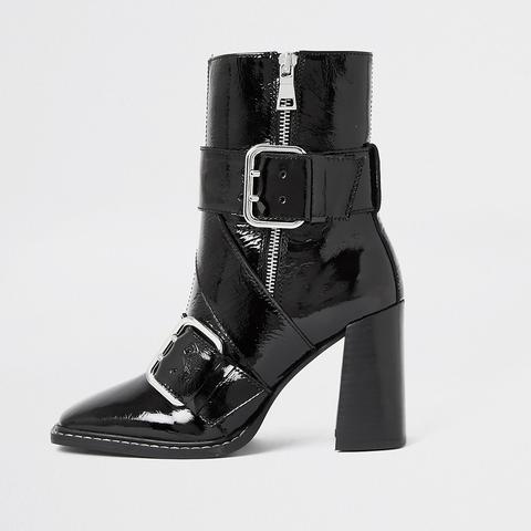 Black Leather Buckle Square Toe Boots