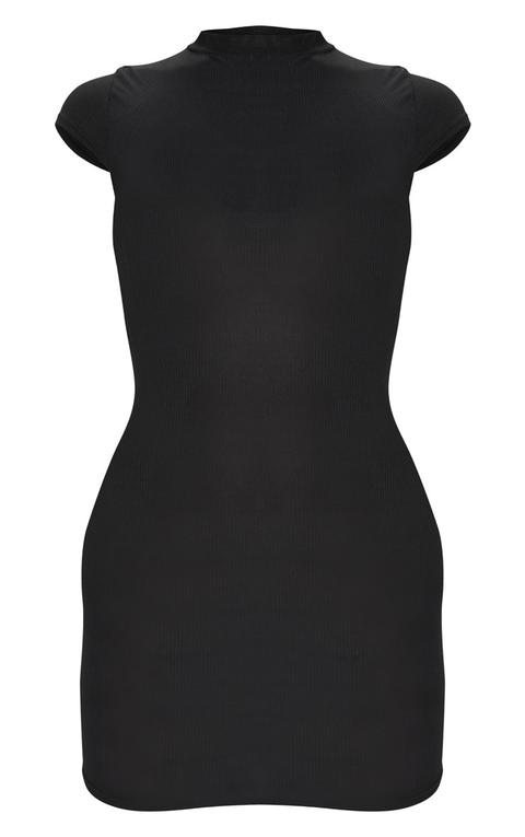 Black High Neck Ribbed Bodycon Dress