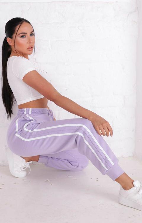 Lilac Double Side Stripe Elasticated High Waisted Drawstring Joggers - Holly