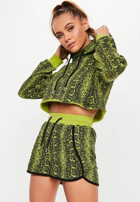 Active Green Snake Print Hooded Cropped Sweatshirt, Lime