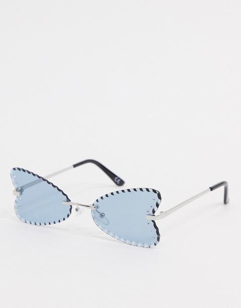 Asos Design Butterfly Sunglasses With Bevelled Edge And Diamante Detail In Silver